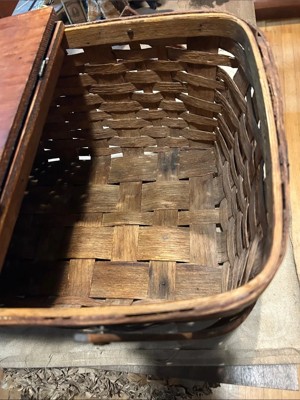 Woven Wood Picnic Basket with Hinged Wooden Lid - Brown